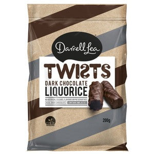 Darrell Lea Twists Dark Chocolate Liquorice Licorice 200g BB: 17/10/23