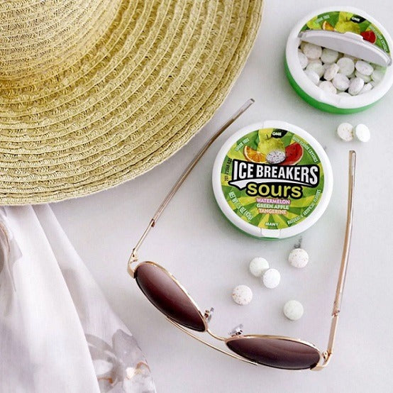 Ice Breakers Sours Watermelon Green Apple Tangerine Flavour Mints Sugar Free 42g Container