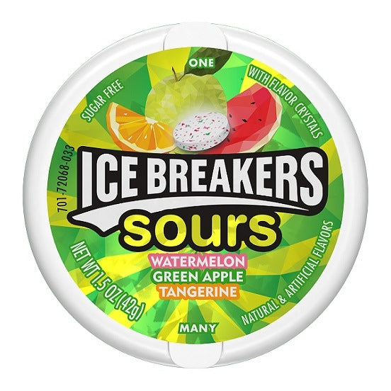Ice Breakers Sours Watermelon Green Apple Tangerine Flavour Mints Sugar Free 42g Container