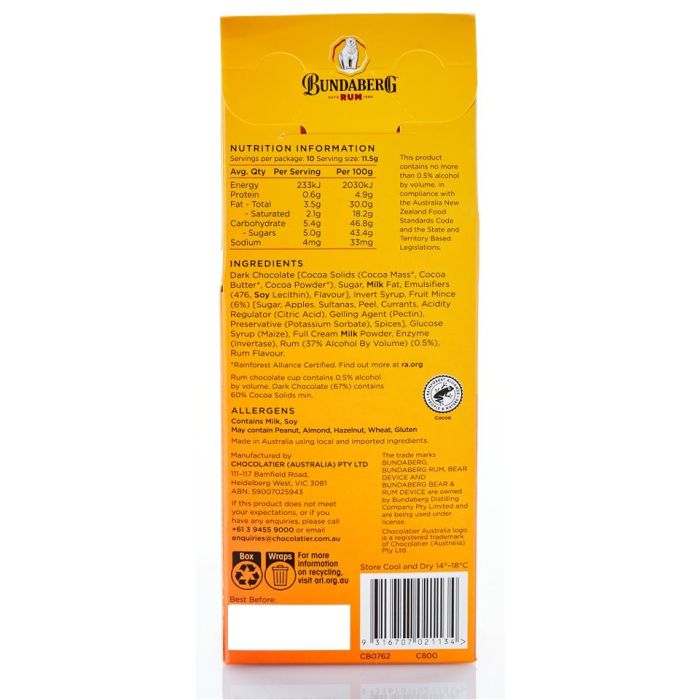 Bundaberg Dark Chocolate Rum 'N' Rasin With Bundaberg Rum Filling 110g