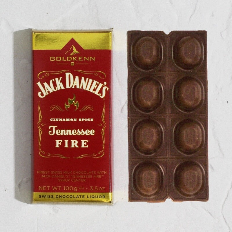 Jack Daniels Goldkenn Tennessee Fire Cinnamon Spice Swiss Milk Chocolate With Tennessee Fire Whiskey Syrup Center 100g Block BBD: 20/10/24