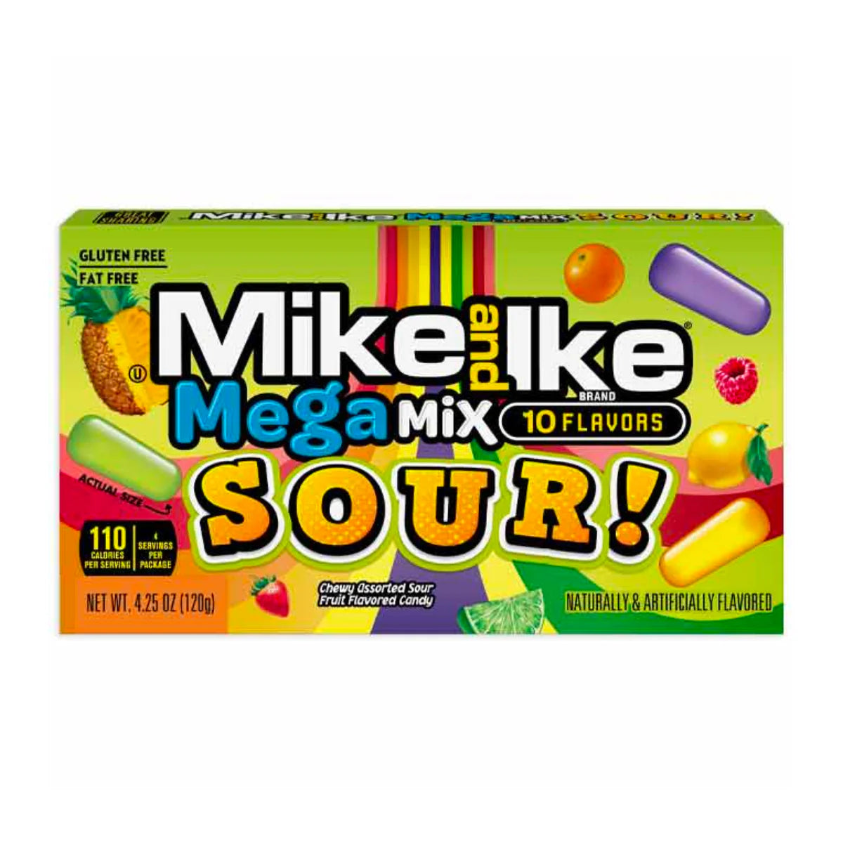 Mike and Ike Mega Mix Sour Chewy Fruit Flavoured 10 Flavours Candy Jelly Beans Gluten Free 120g Theatre Box