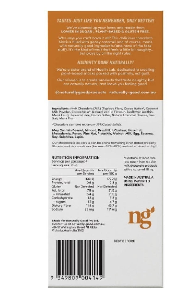 Naturally Good Less Sugar Goowy Caramel Filled Chocolate block 100g Gluten Free Vegan