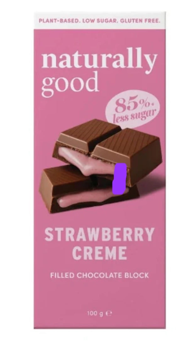 Naturally Good Less Sugar Strawberry Creme Filled Chocolate block 100g Gluten Free Vegan