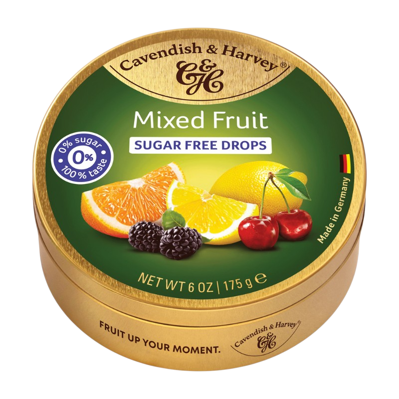 Cavendish and Harvey Sugar Free Mixed Fruit Drops 175g Tin Halal Vegan Gluten Free Kosher