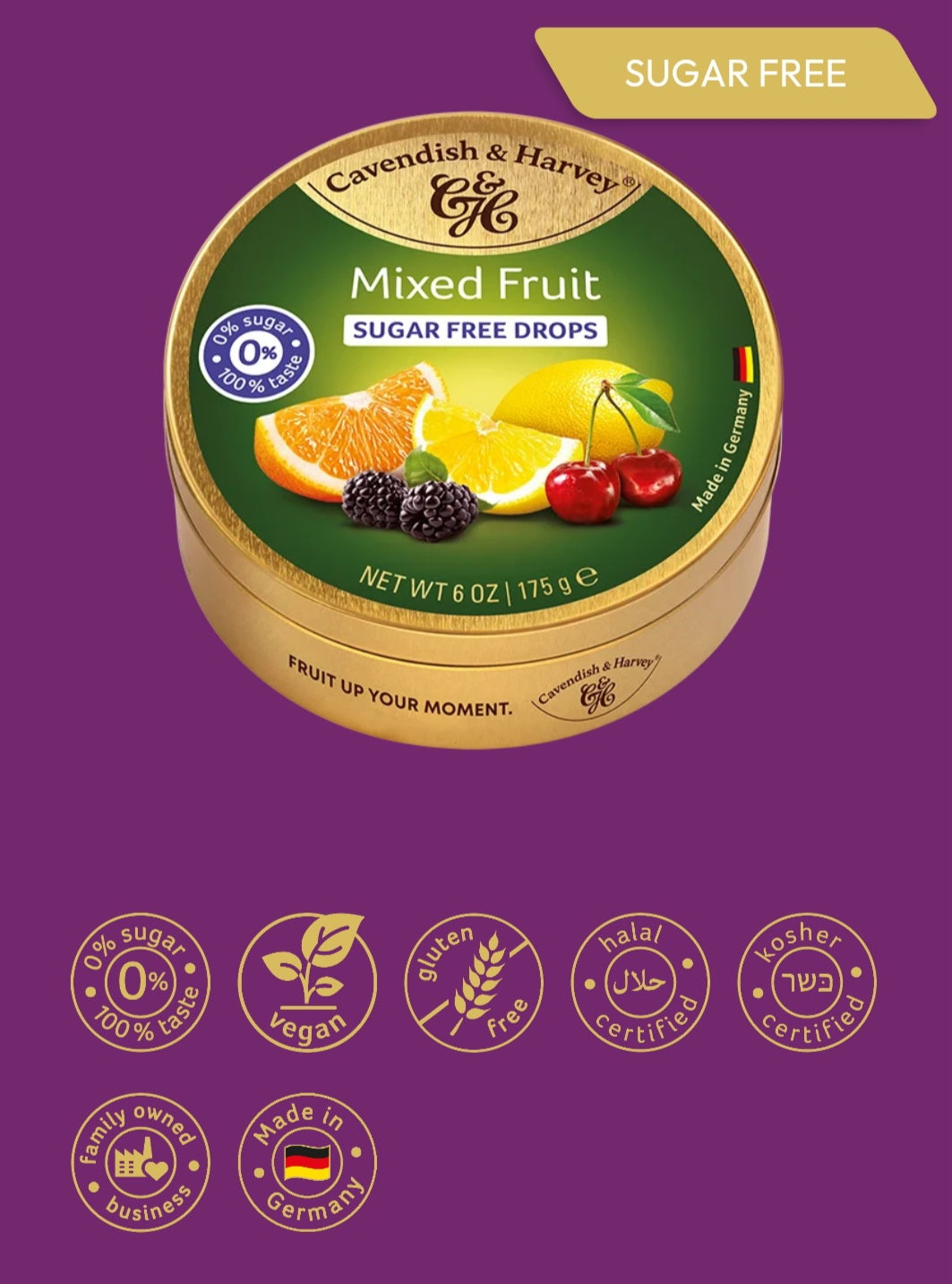 Cavendish and Harvey Sugar Free Mixed Fruit Drops 175g Tin Halal Vegan Gluten Free Kosher