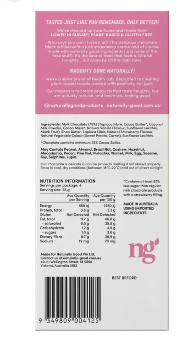 Naturally Good Less Sugar Strawberry Creme Filled Chocolate block 100g Gluten Free Vegan