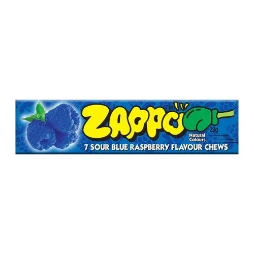 Zappo Sour Blue Raspberry Flavoured Chews 7 Pieces Packet Gluten Free 26g