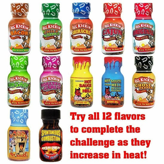 Ass Kickin Hot Sauce Challenge Book Of Pleasure & Pain 12 Mini Bottles Gluten Free 264ml