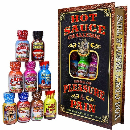 Ass Kickin Hot Sauce Challenge Book Of Pleasure &amp; Pain 12 Mini Bottles Gluten Free 264ml