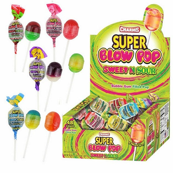 Charms Super Blow Pop Sweet N Sour Various Flavours Lolly Pop Lollipop with Bubble Gum Centre Gluten Free 32g