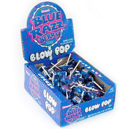 Charms Blue Razz Berry Blow Pops Lollypop Lollipop with Bubble Gum Centre 18g