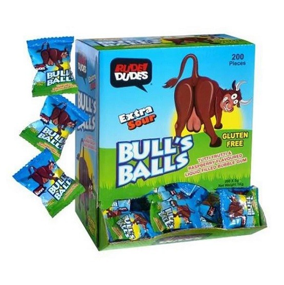 Rude Dudes Bulls Balls Chewing Gum with Tutti Frutti & Raspberry Flavoured Extra Sour Liquid Centre Gluten Free 5g