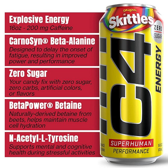 C4 Cellucor Energy Drink Skittles Flavour Zero Sugar RTD 473ml