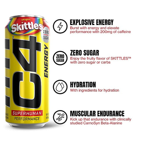 C4 Cellucor Energy Drink Skittles Flavour Zero Sugar RTD 473ml