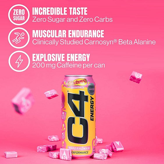 C4 Cellucor Energy Drink Starburst Strawberry Flavour Zero Sugar RTD 473ml