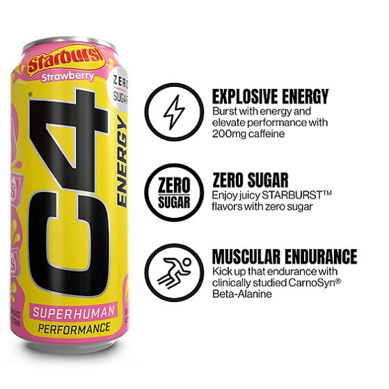 C4 Cellucor Energy Drink Starburst Strawberry Flavour Zero Sugar RTD 473ml