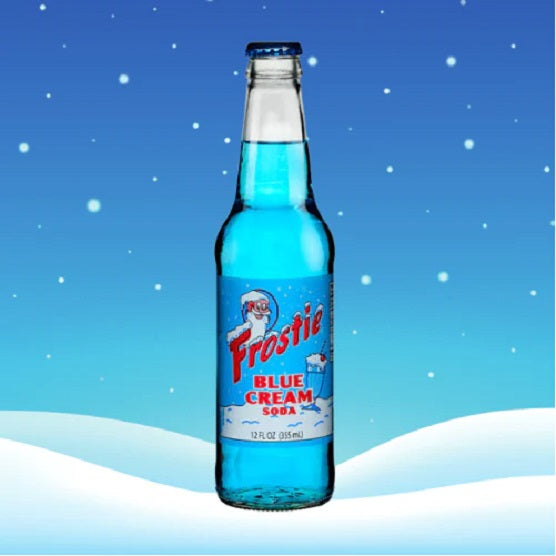 Frostie Blue Creaming Cream Soda Soft Drink 355mL Glass Bottle