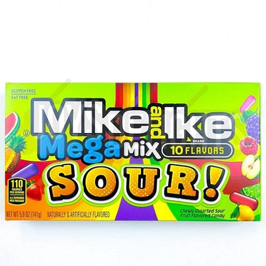 Mike and Ike Mega Mix Sour Chewy Fruit Flavoured 10 Flavours Candy Jelly Beans Gluten Free 141g Theatre Box