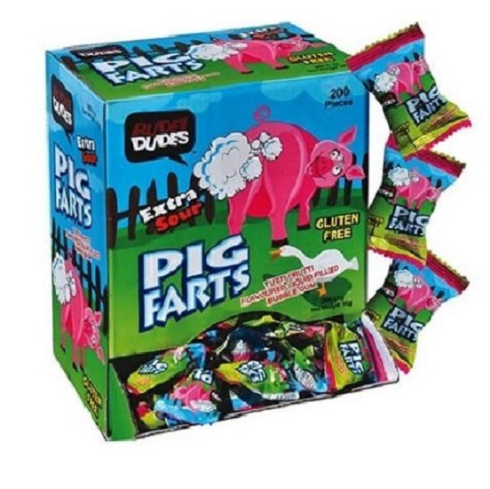 Rude Dudes Pig Farts Chewing Gum with Extra Sour liquid filled Tutti Frutti Centre Gluten Free 5g