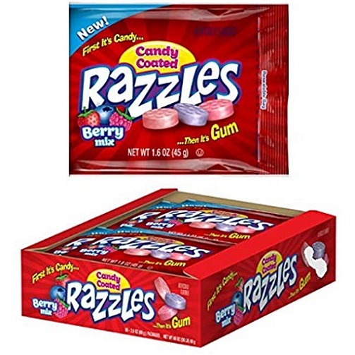 Razzles Candy Coated Berry Mix First It is Candy Then Its Gum 45g Packet