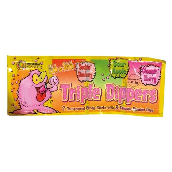 Universal Candy Lick a Stick Triple Dippers 3 Flavour Sherbet Dips Gluten Free 42g Packet