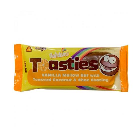 Rainbow Toasties Vanilla Mallow With Toasted Coconut & Chocolate Coating Bar 50g