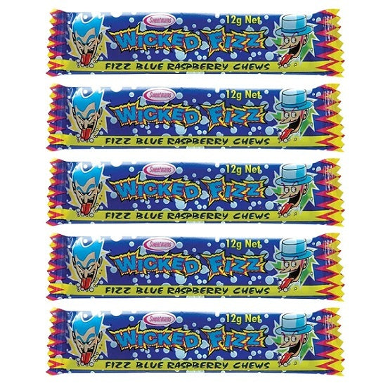 Wicked Fizz Blue Raspberry Flavoured Sherbet Lolly Candy Chews Bar Gluten Free 12g