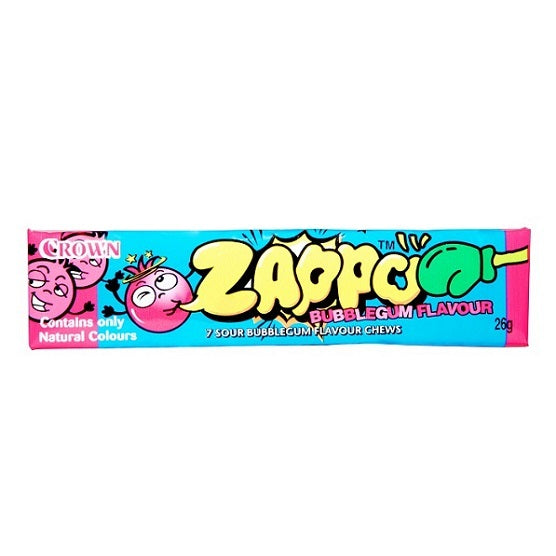 Zappo Sour Bubblegum Flavoured Chews 7 Pieces Packet Gluten Free 26g